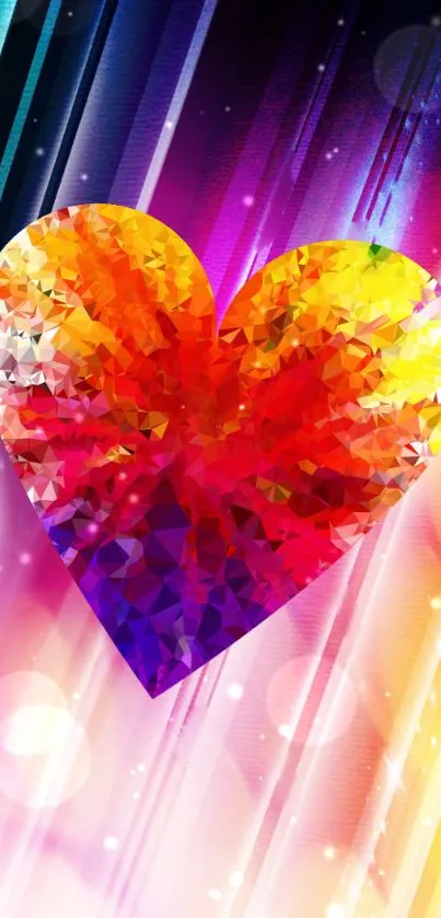 Vibrant geometric heart on colorful abstract background.