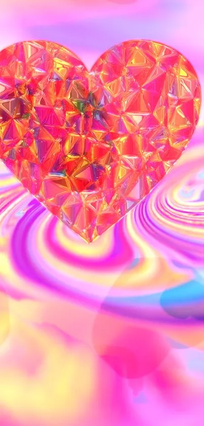Vibrant geometric heart on swirling colorful background wallpaper.