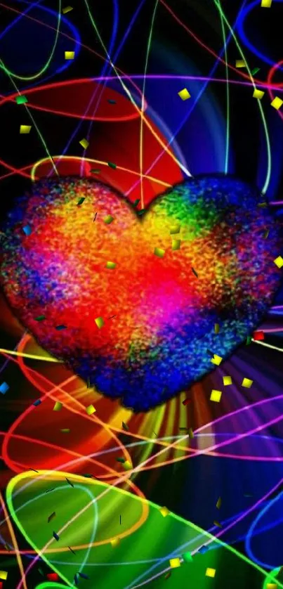 Vibrant heart with abstract colorful neon lines on black background.