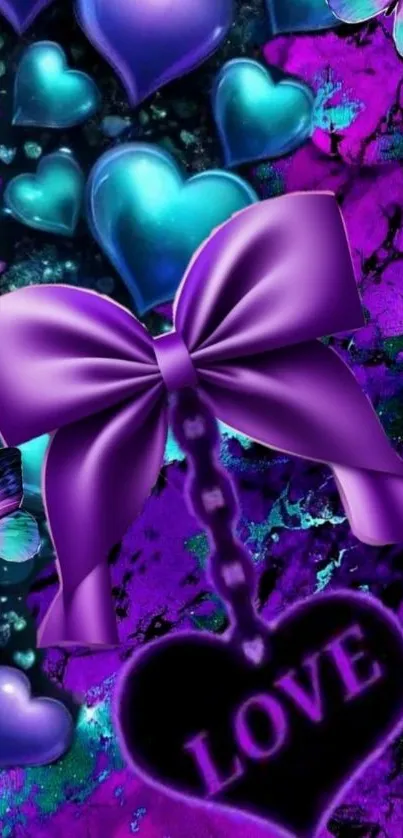 Vibrant wallpaper with purple bow, teal hearts, and butterflies.