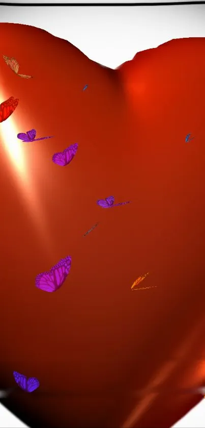 Red heart with colorful butterflies on a mobile wallpaper.