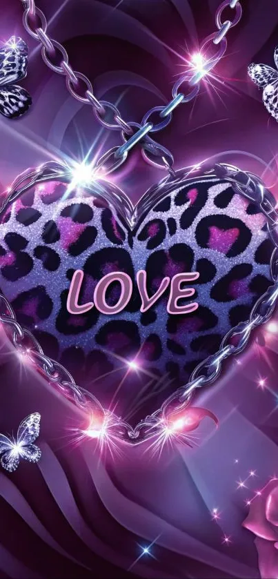 Purple leopard heart with LOVE and butterflies on a vibrant background.