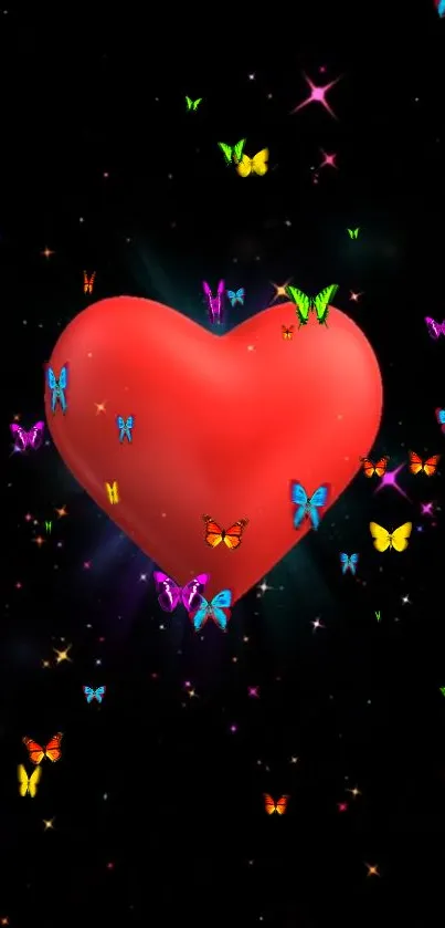 Red heart with colorful butterflies on a black background.