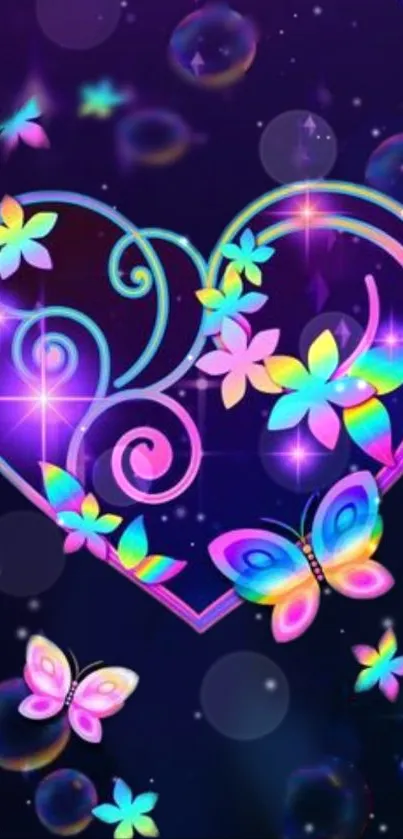 Vibrant heart and butterflies on a galaxy-themed mobile wallpaper.