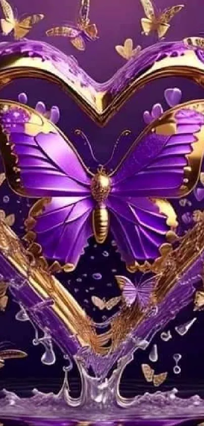 Purple heart with golden butterflies for phone wallpaper.