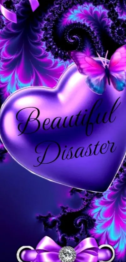Purple heart with butterfly and fractal design on wallpaper.