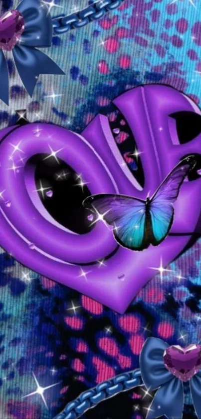 Purple heart and butterfly on vibrant abstract background.