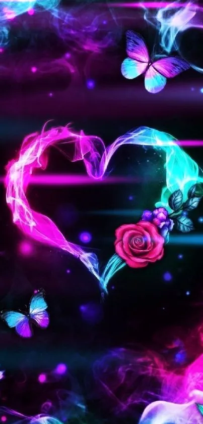 Neon heart with roses and butterflies on a dark background.