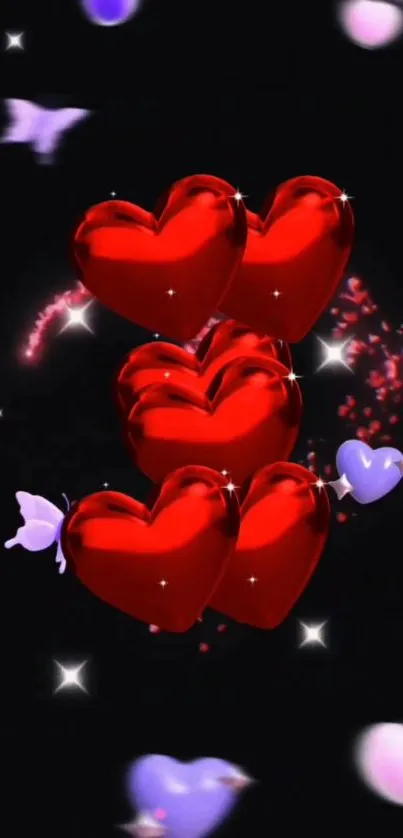 Vivid red hearts with purple butterflies on black background.