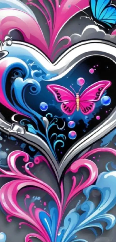 Vibrant heart and butterflies in pink and blue hues on phone wallpaper.