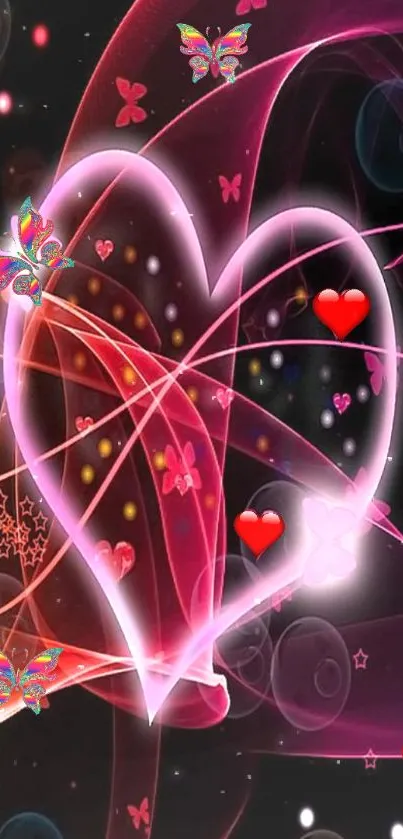 Vibrant heart with butterflies and glowing lights on a black background.