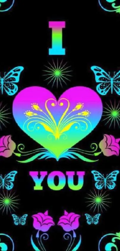 Colorful heart and butterfly graphic on black background wallpaper.