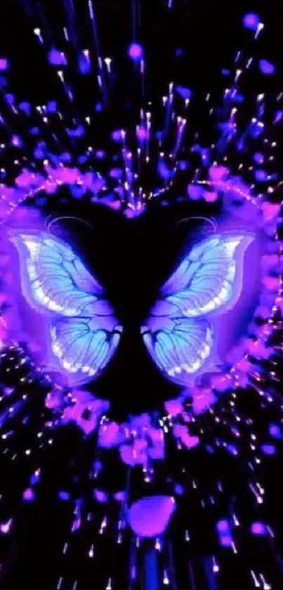 Neon purple butterfly and heart mobile wallpaper with vibrant glow.