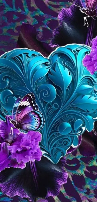 Teal heart with butterfly and floral accents on a mobile wallpaper.