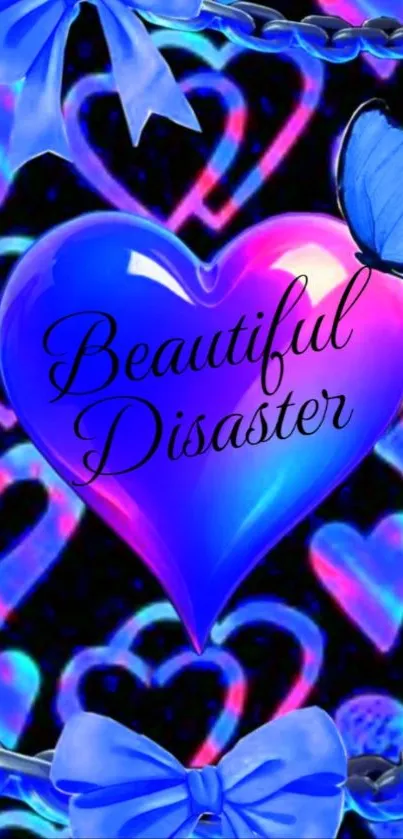 Vibrant heart and butterfly wallpaper with neon colors.