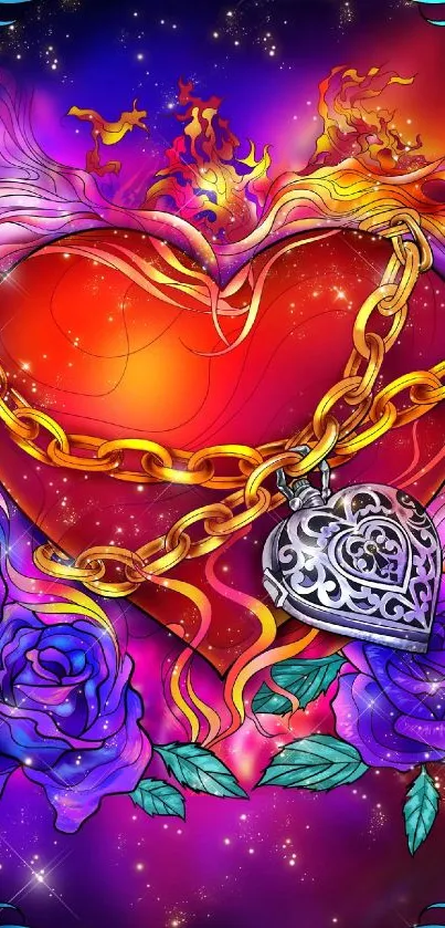 Colorful heart with a golden chain and floral accents on a vibrant background.