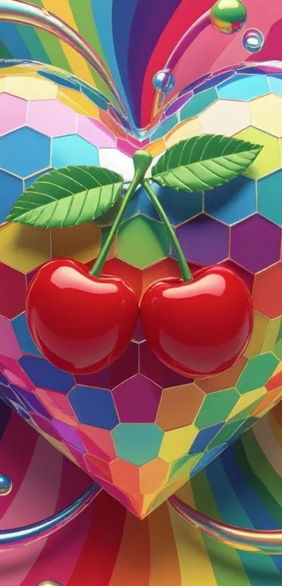 Vibrant heart-shaped honeycomb with cherries and rainbow colors mobile wallpaper.