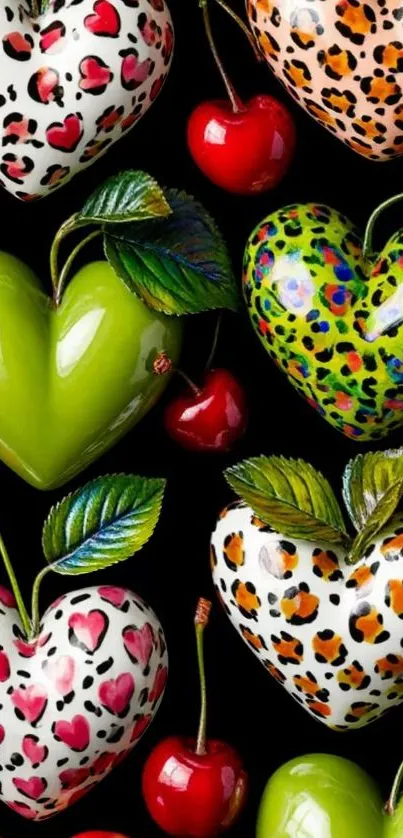 Colorful heart-shaped patterns with cherries on a black background.