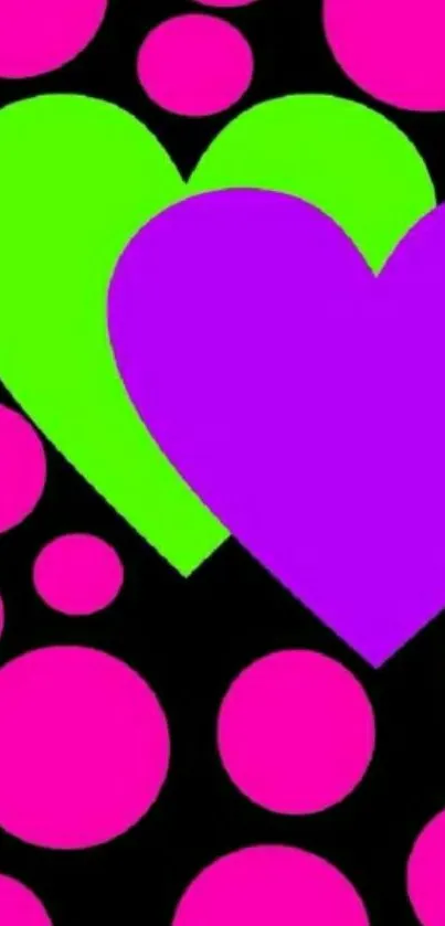 Vibrant neon hearts and circles on black background wallpaper.