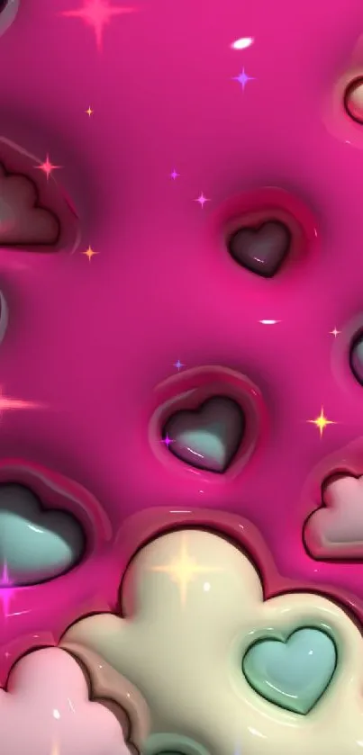 3D heart and cloud wallpaper in pink.