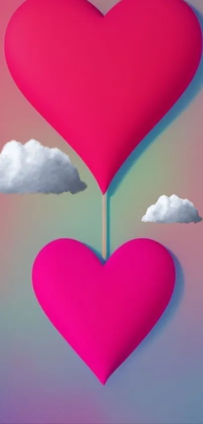 Colorful wallpaper with pink hearts and fluffy clouds on a gradient background.