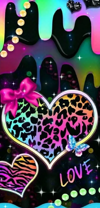 Colorful heart and leopard print wallpaper with neon colors and pearls.