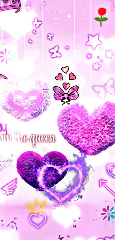 Vibrant heart and crown phone wallpaper with butterflies on a pink and purple background.