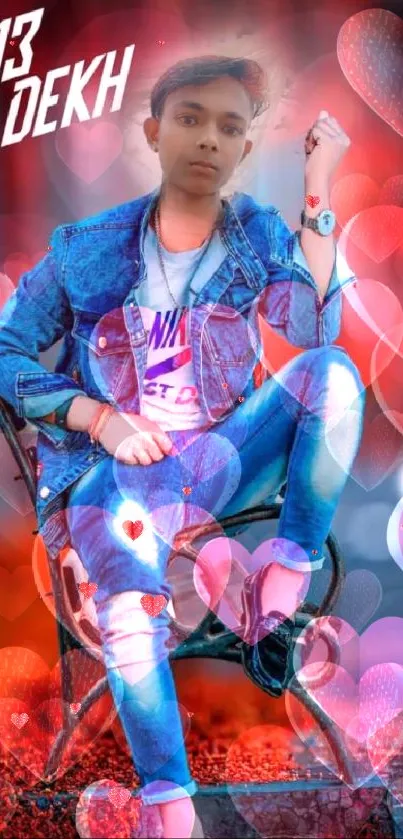 Stylish person in denim with heart overlay background