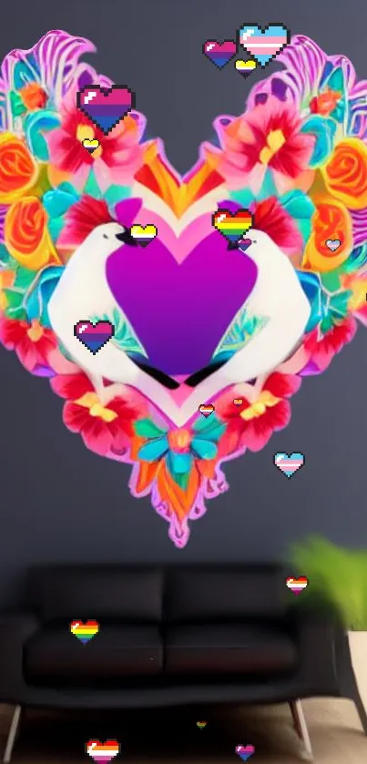 Colorful heart and doves with floral elements wallpaper.