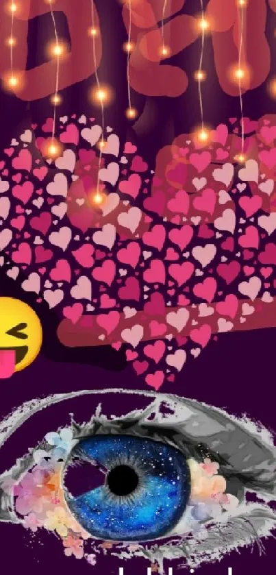 Vibrant wallpaper with heart, eye, and emoji on a purple background.