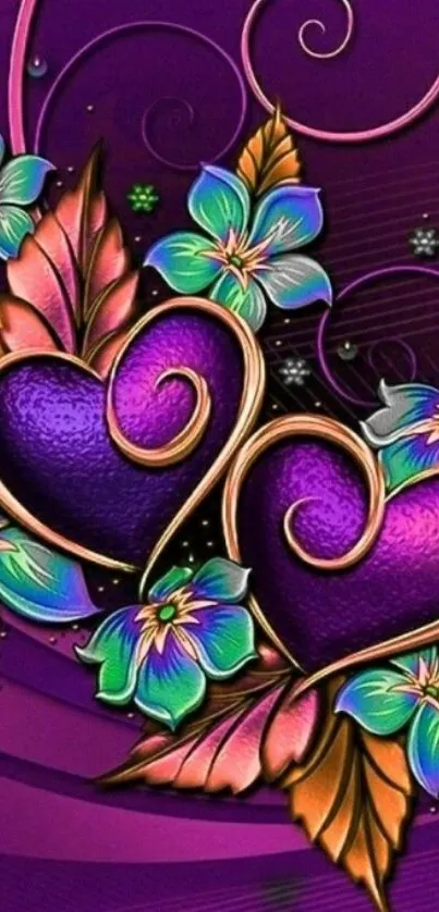 Purple hearts and blue flowers on a vibrant mobile wallpaper.