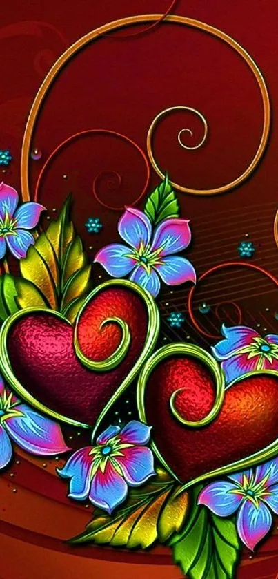 Vibrant heart and floral design wallpaper with colorful accents.