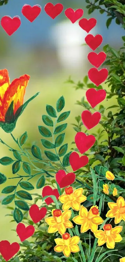 Wallpaper with red hearts and yellow flowers on a lush green background.