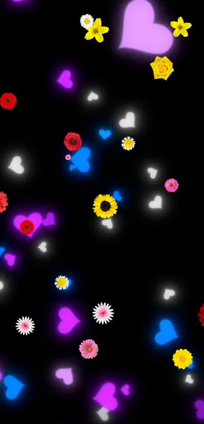 Vibrant hearts and flowers on black background wallpaper.