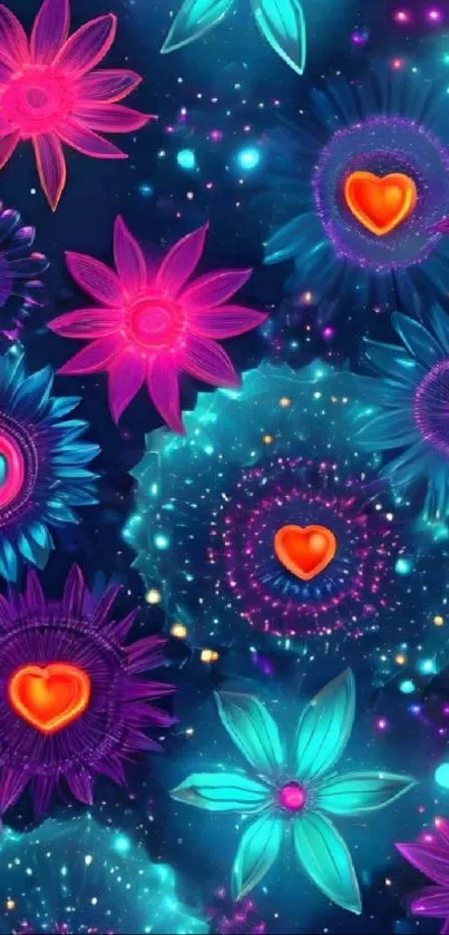 Vibrant floral and heart pattern in neon colors for mobile wallpaper.