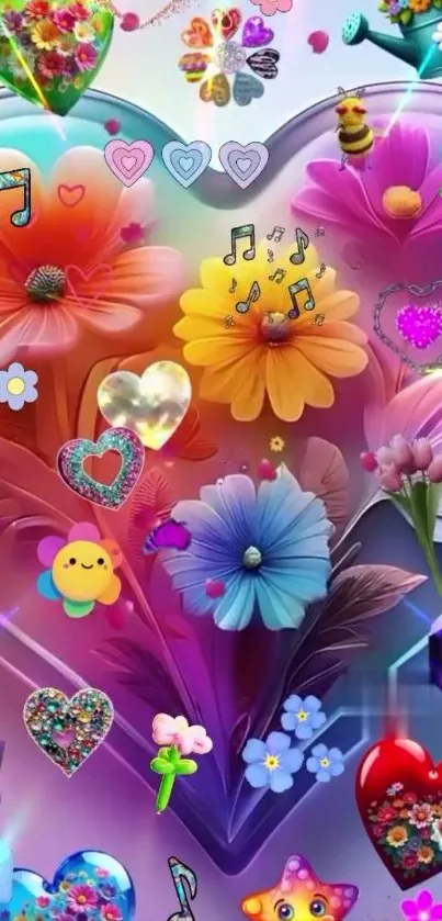 Colorful artistic wallpaper with hearts and flowers.