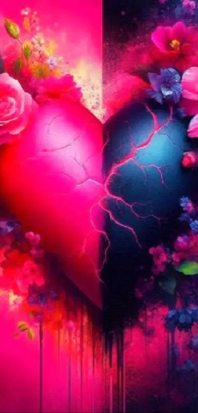 Vibrant dual heart with flowers artwork.