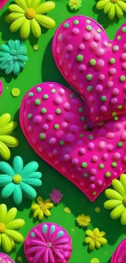 Bright wallpaper with pink hearts and colorful flowers on a green background.