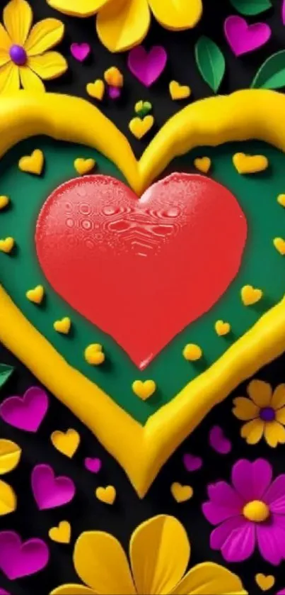 Colorful wallpaper with heart and flowers in vibrant hues.
