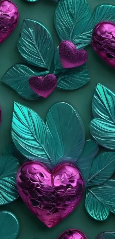 Teal and pink heart-themed wallpaper with leaves.