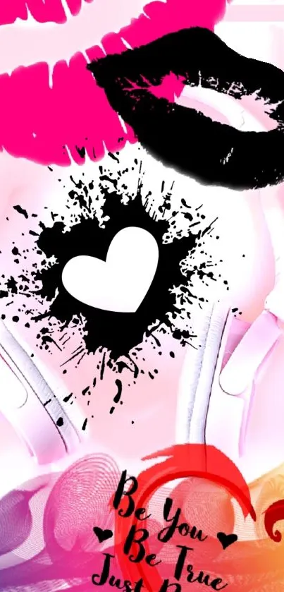 Vibrant wallpaper with heart, lips, and headphones.