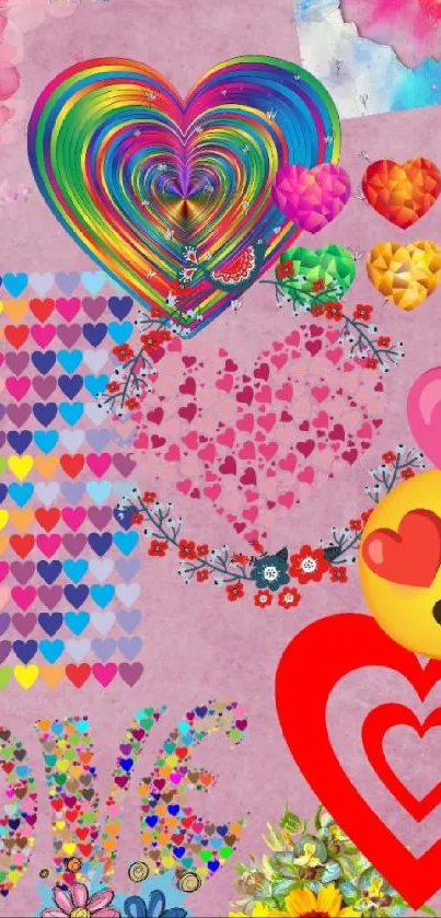 Colorful heart-filled wallpaper with love theme and emoji elements.