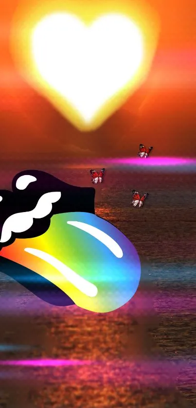 Vibrant wallpaper with a heart, butterflies, and rainbow tongue over an ocean.