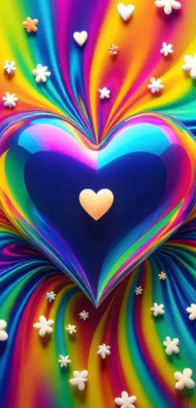 Vibrant heart with swirling rainbow and small white flowers.