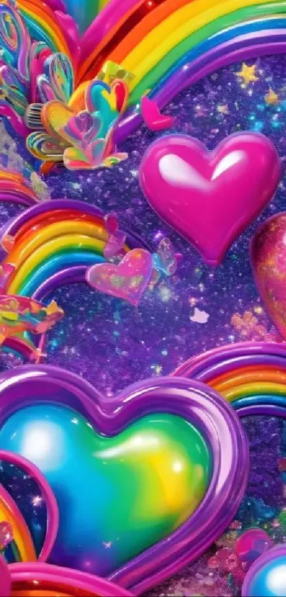 Vibrant wallpaper with hearts, rainbows, and a starry purple background.