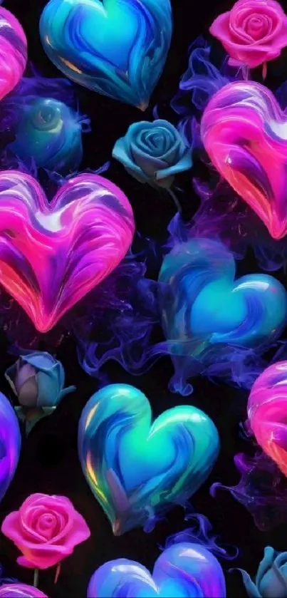 Vibrant mobile wallpaper with hearts and roses on black background.