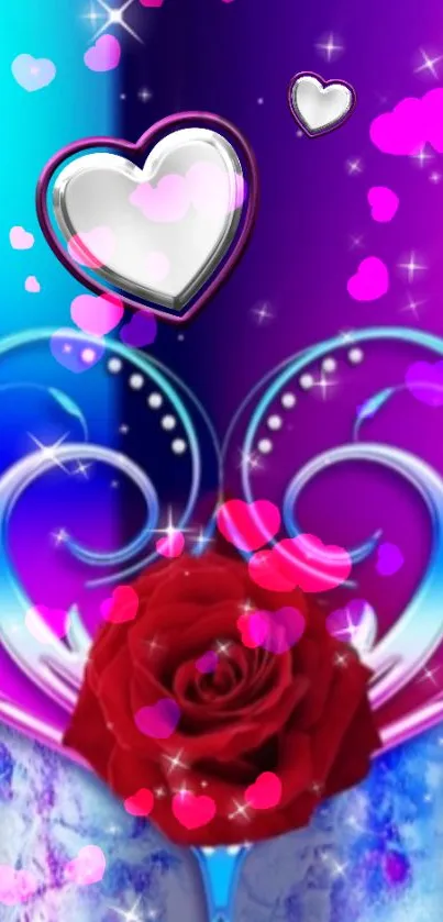 Heart and rose design with vibrant blue and purple tones on mobile wallpaper.