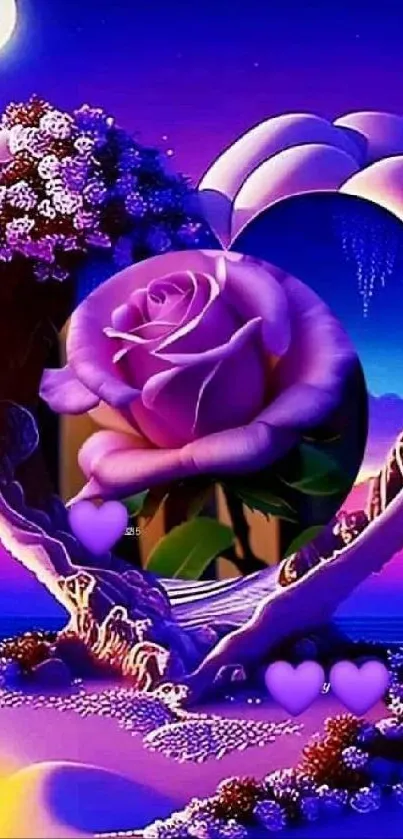 Purple heart and rose with a dreamy night sky wallpaper.