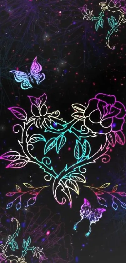 Neon heart with roses and butterfly mobile wallpaper.