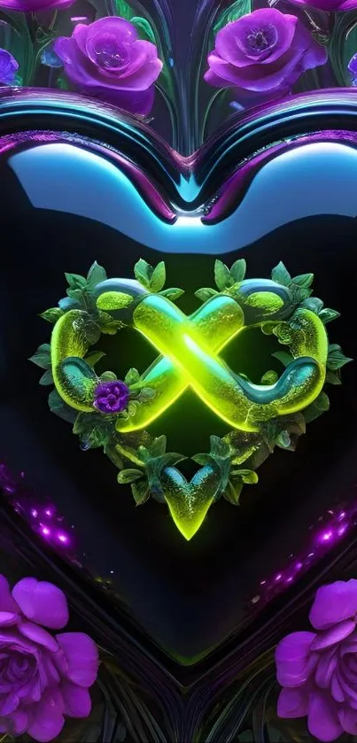 Neon heart and purple roses wallpaper design.